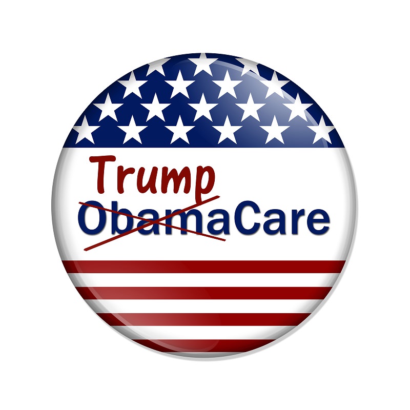 Repealing and replacing the Affordable Care Act healthcare insurance American election button with words Trump and ObamaCare crossed out isolated over white 3D Illustration